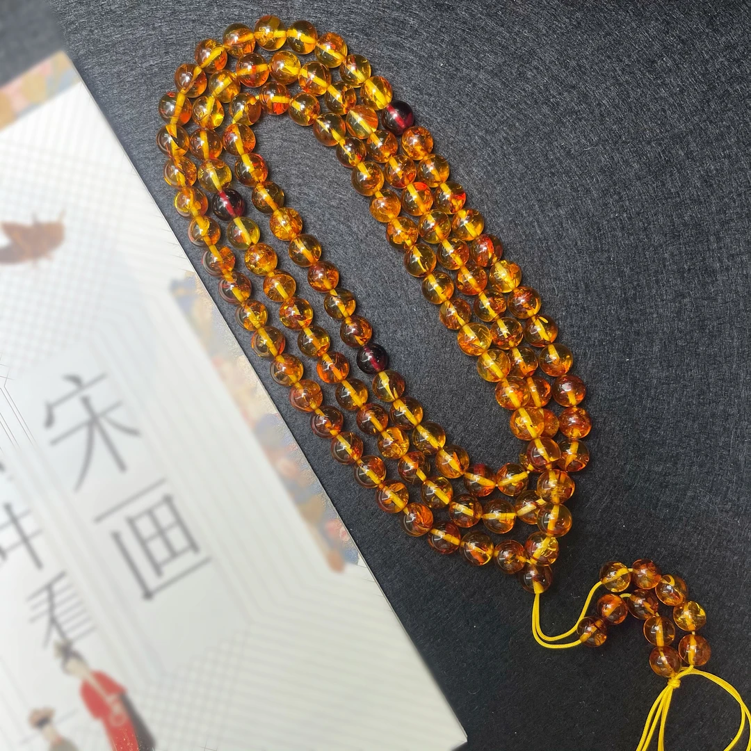 天然花珀圆珠8mm+108珠佛珠链多层长链简约民族风