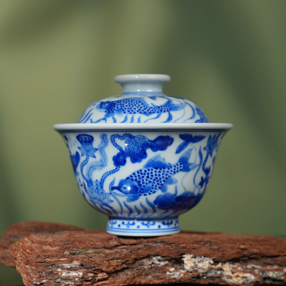 刘建锋窑仿清鱼藻纹盖碗140ml 景德镇柴窑手绘青花全手工泡茶茶器