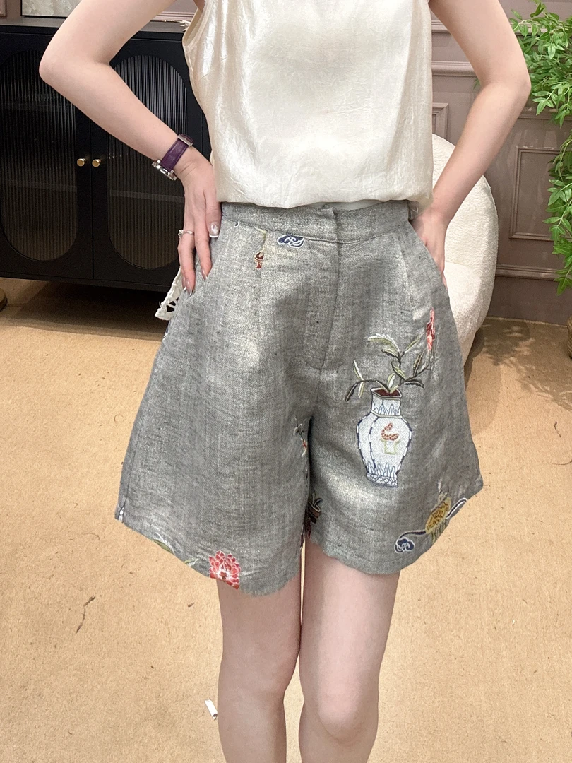【元素家】夏季新款宝瓶花刺绣织金金丝麻显瘦伞裙摆短裤09628-1