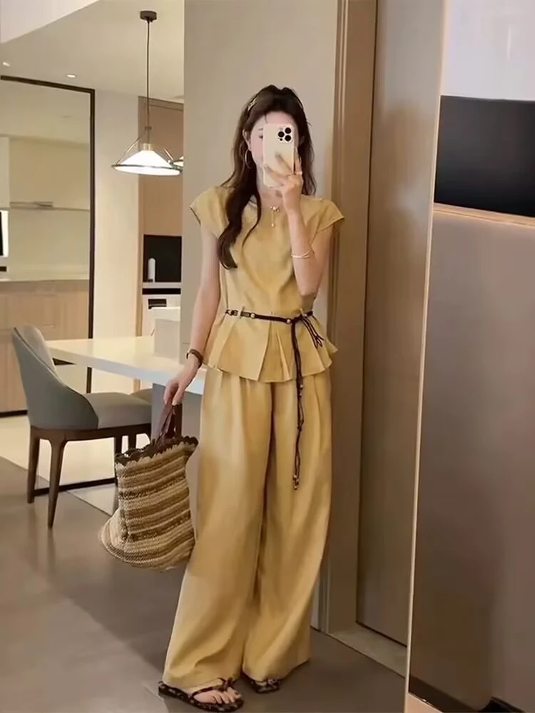 时尚休闲麻料套装女欧洲站2025年夏季新款飞飞袖上衣阔腿裤两件套
