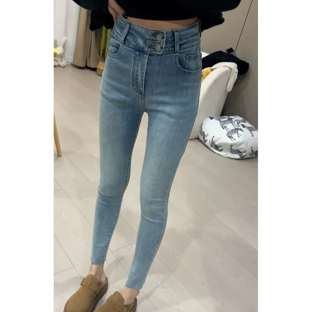 浅蓝高腰牛仔裤女2025春秋新款修身显瘦紧身弹力小个子九分小脚裤