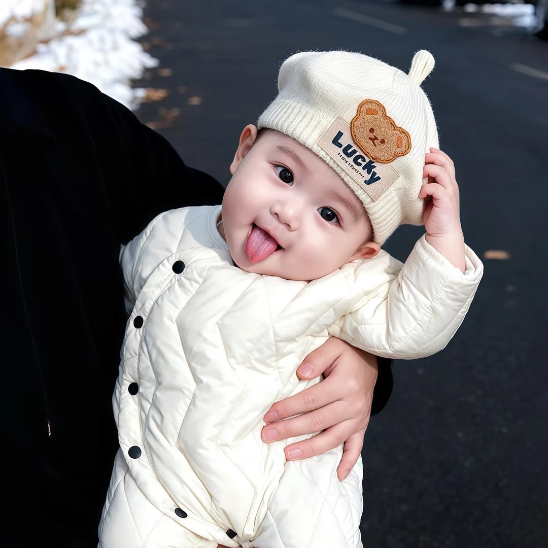 婴儿贝雷帽宝宝帽子秋冬季保暖可爱男女儿童防风毛线帽小熊超萌