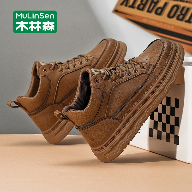 木林森男鞋工作鞋秋季鞋子皮靴马丁靴秋冬季潮鞋户外潮流中帮厚底