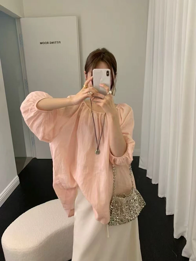 韩系领口褶皱温柔色系夏日必备遮肉显瘦宽松上衣女