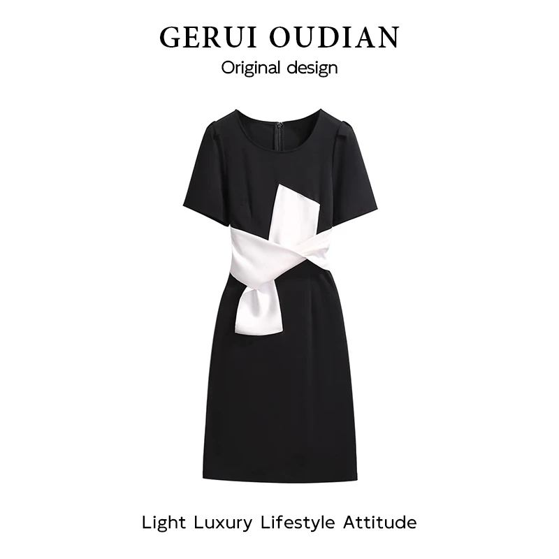 GERUIOUDIAN/格芮欧典9386显瘦时尚气质休闲黑色拼接收腰连衣裙女