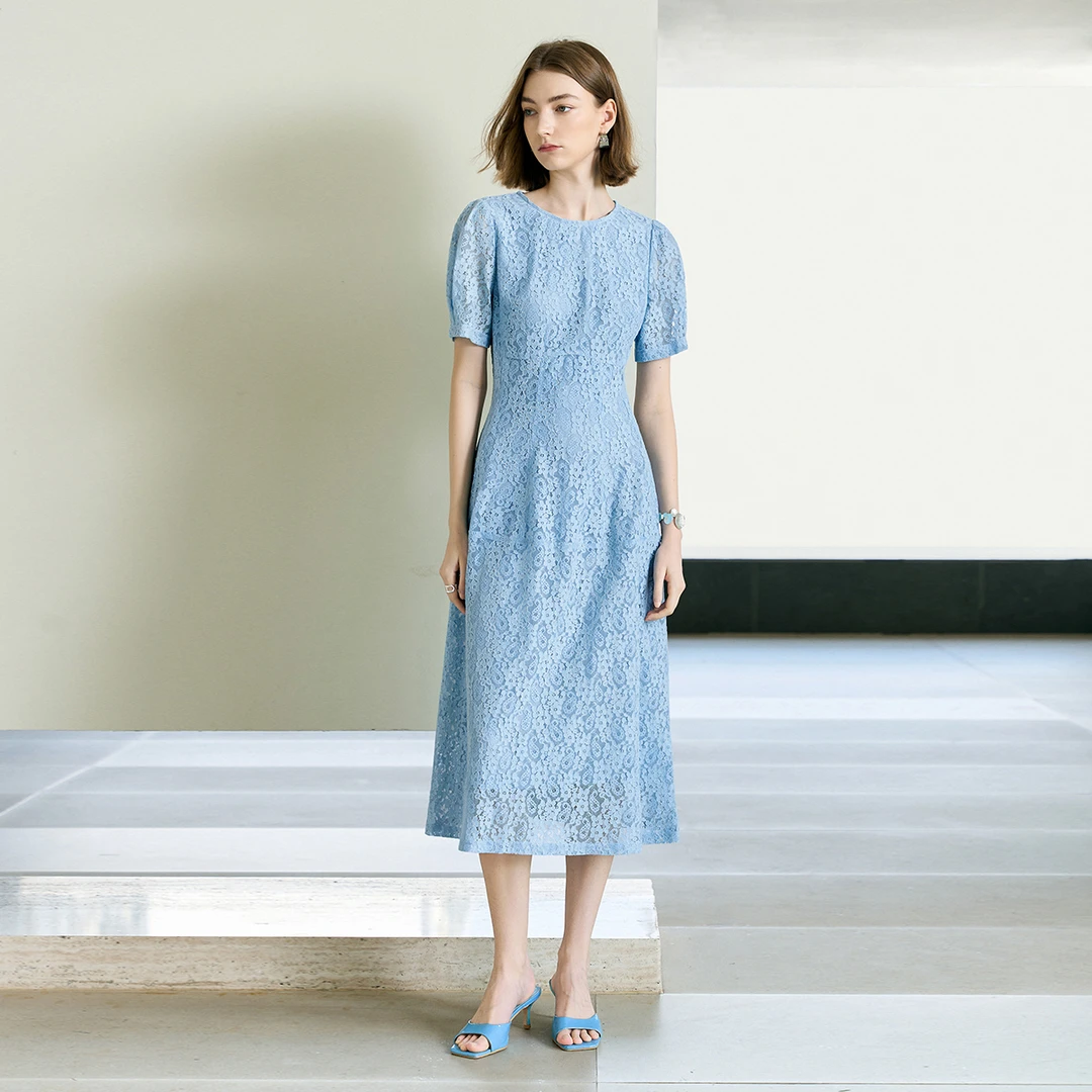 颜域镂空蕾丝连衣裙女轻熟风高腰收腰修身过膝20S251114