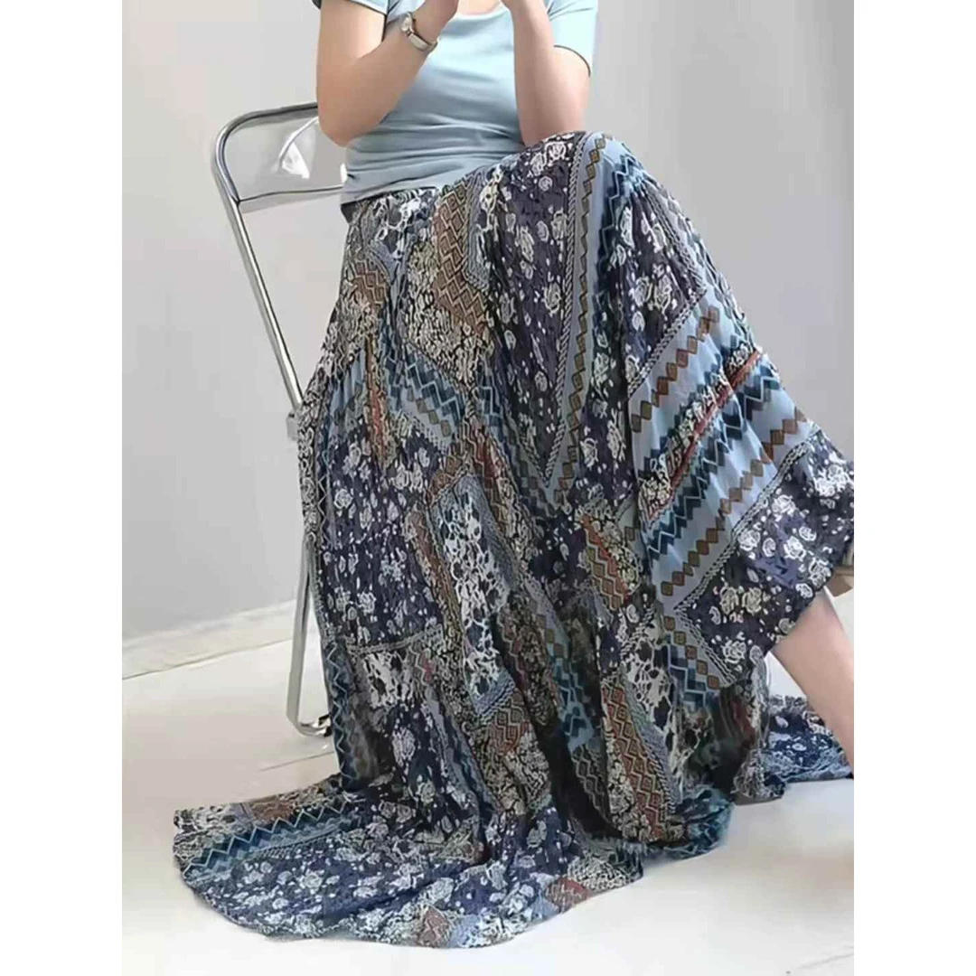 波西米亚中长款半身裙女夏宽松遮胯半裙褶皱高腰显瘦雪纺印花长裙