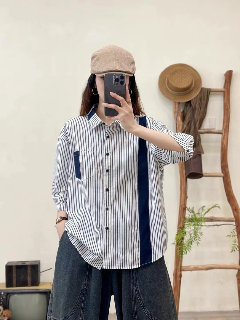 欧货撞色拼接减龄条纹衬衫女2025夏季宽松单排扣简约大码中袖上衣