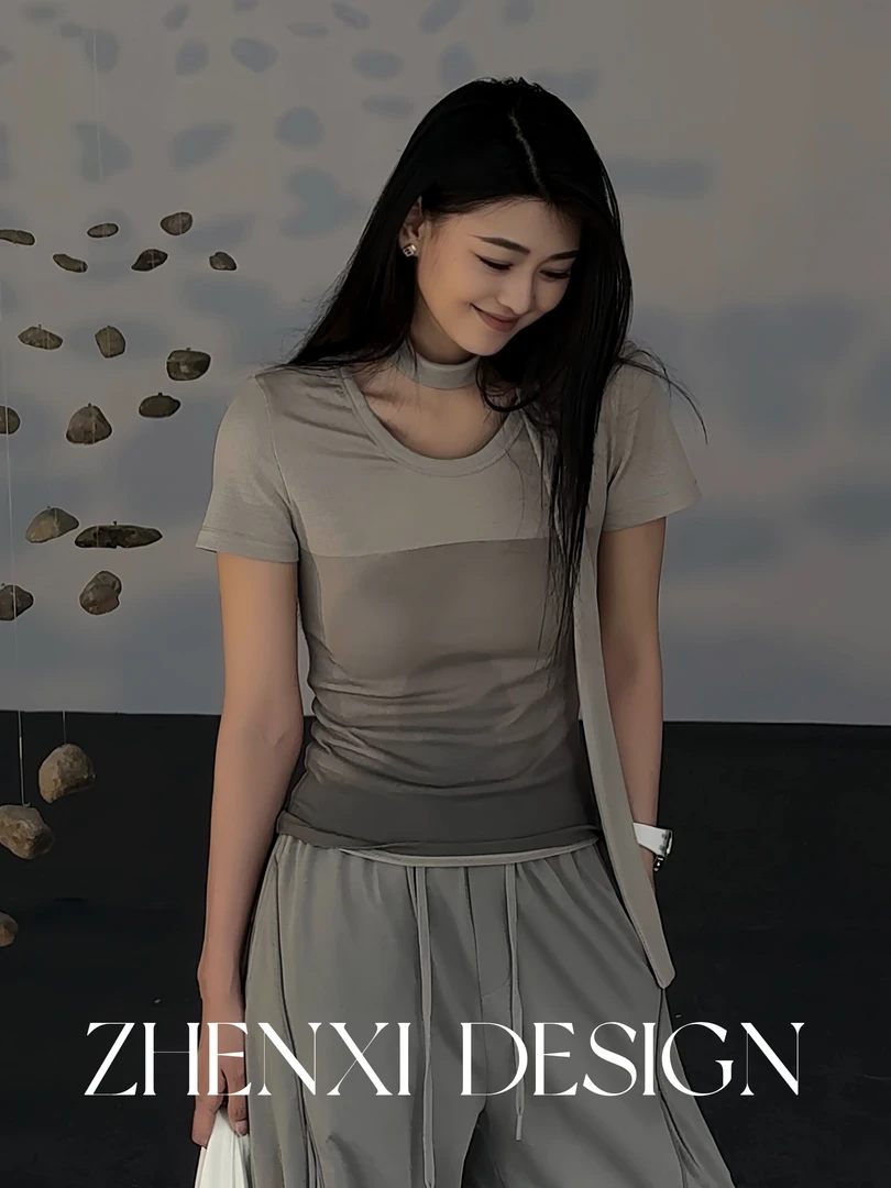 针西【印花T】高个子穿搭夏季运动休闲圆领飘带百搭上衣S70334