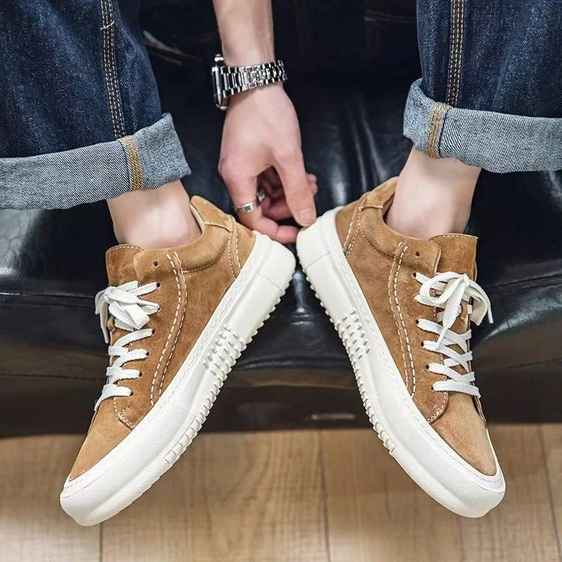 夏季透气运动休闲男鞋2025翻毛真皮板鞋男百搭时尚厚底潮鞋A175