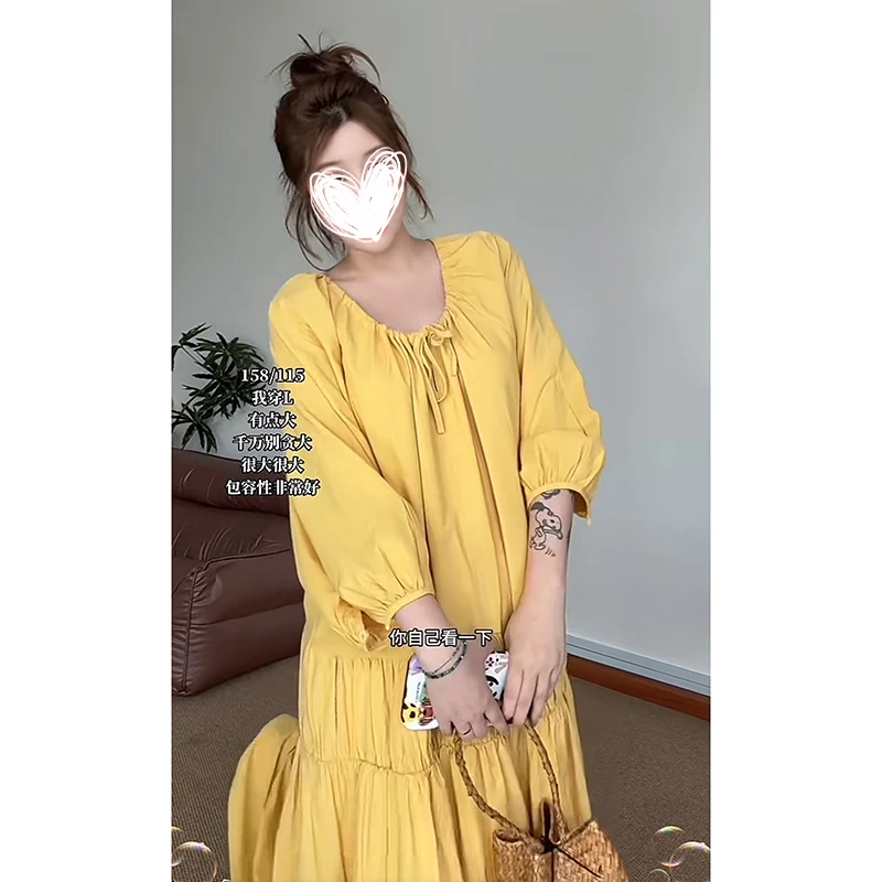 2383“黄油曲奇”法式绝美度假风新款灯笼袖长裙夏季显瘦连衣裙