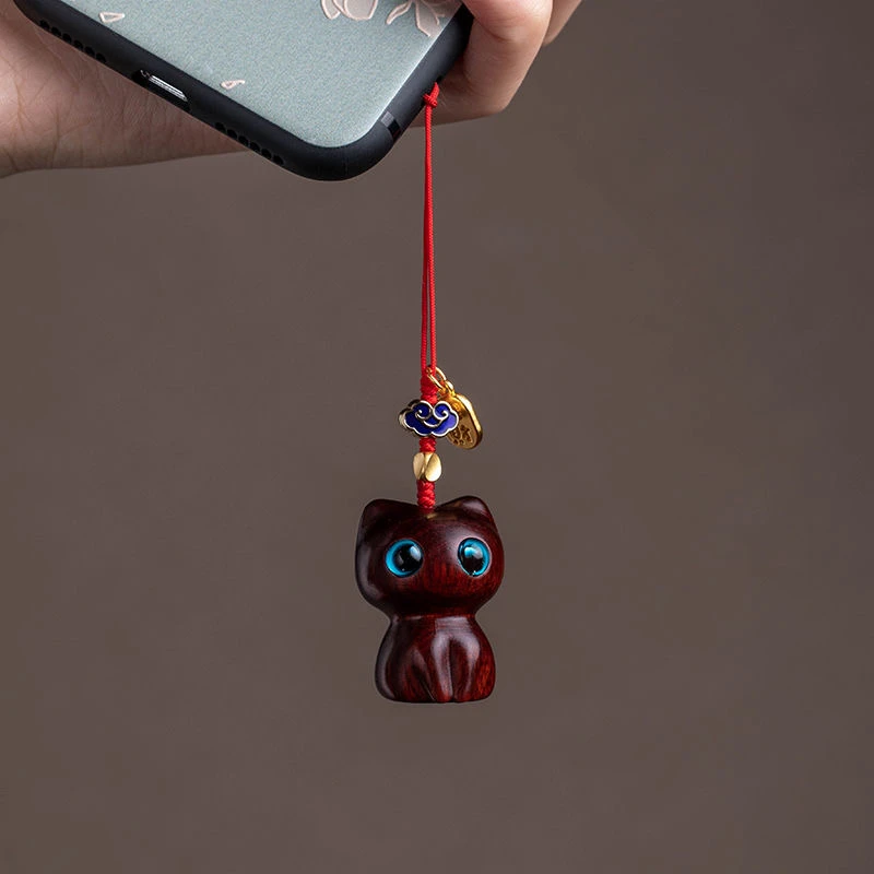 紫檀招财猫咪手机链吊坠个性创意紫光檀钥匙扣包包挂件可爱饰品