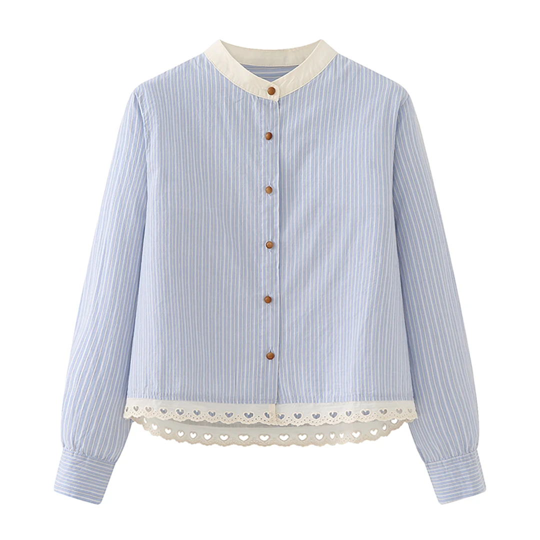 蓝色条纹衬衫女2025春秋新款小个子立领法式蕾丝花边上衣