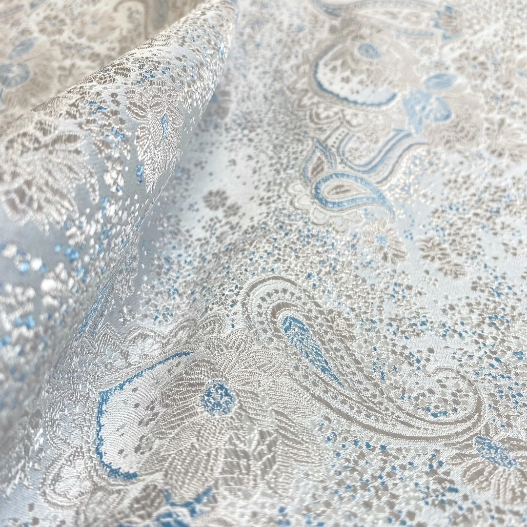 132【冰腰果】人丝宋锦提花面料蓝色腰果花新中式国风高端旗袍