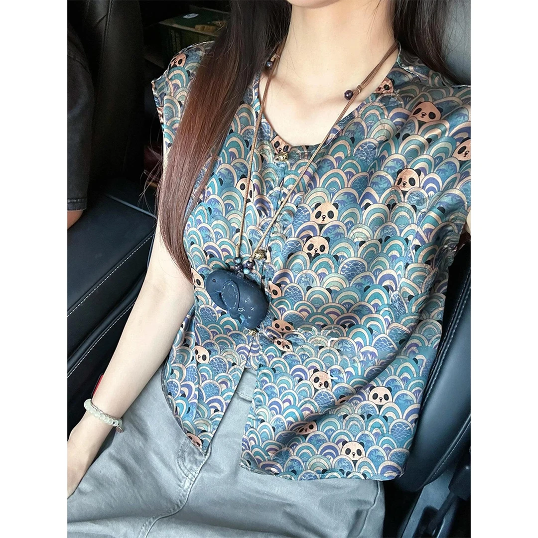 新中式蓝色熊猫贝壳短袖衬衫女2025年新款国风高级感上衣改良唐装