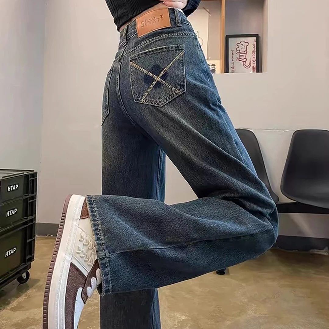 2025年春秋新款窄版阔腿牛仔裤女高腰宽松显瘦小个子垂感直筒裤子
