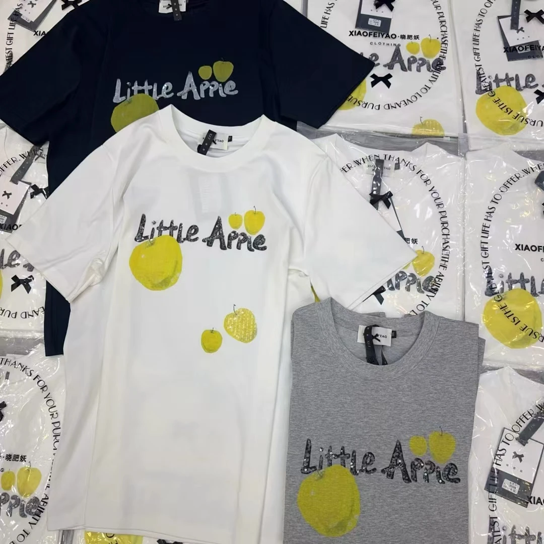 晓肥妖夏季新款大码圆领正肩中长款宽松版重工小苹果半袖25358