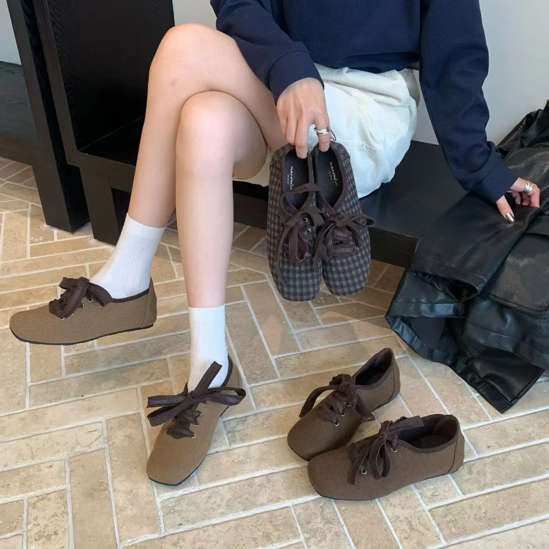 M 01-2 秋季新款复古方头绑带法式芭蕾休闲风内增高单鞋女鞋