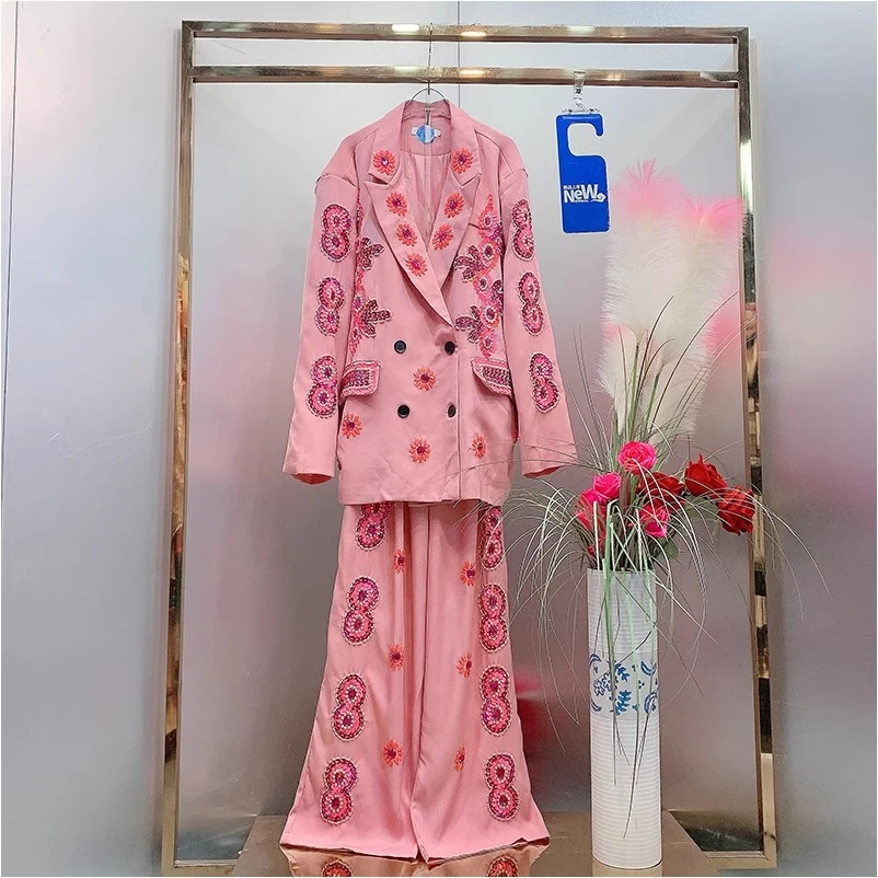 HH5695欧美风设计师2024秋季新款重工钉珠亮片时尚宽松西装套装女