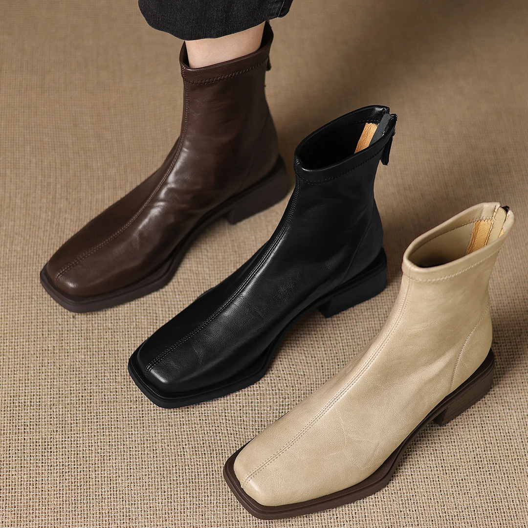 复古风方头粗跟短靴女秋冬百搭加绒弹力瘦瘦靴大码40时装靴法式