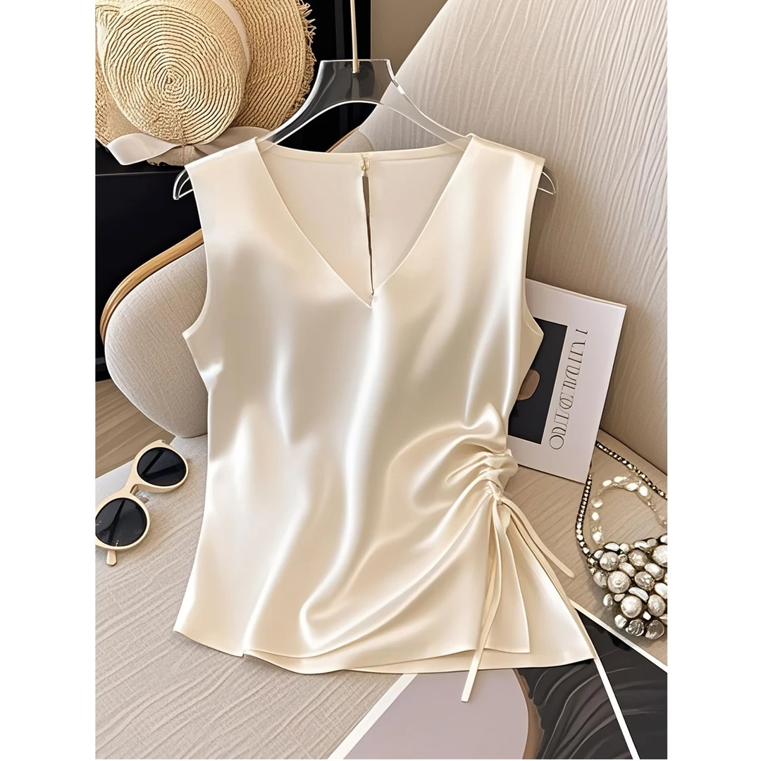 白色短袖t恤女2025夏季新款设计感收腰系带褶皱今年流行爆款上衣