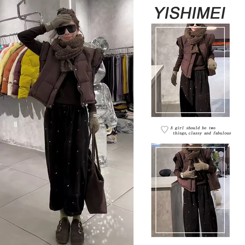 秋冬时尚穿搭2025年新款百搭长袖打底衫保暖马甲波点休闲裤三件套