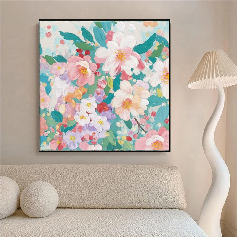 法式奶油风油画客厅玄关抽象花卉绿植装饰画治愈系肌理挂画