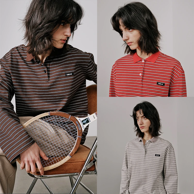 UMILAB【跃动】复古美式高克重100%棉针织polo领廓型长袖T恤T719W