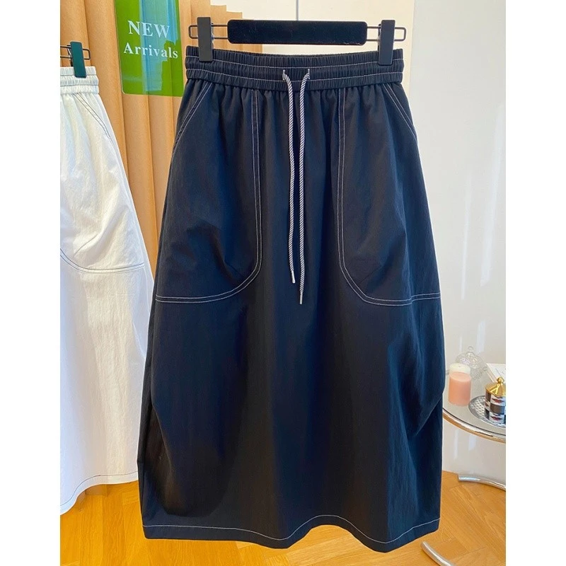 黑色明线工装半身裙女夏季2025新款宽松高腰气质过膝中长款裙子