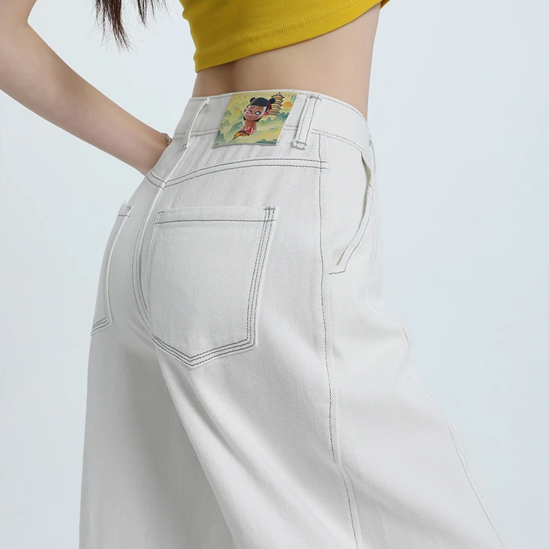 早秋新款爆款米白色八分裤高腰显瘦弯刀裤多结构宽松毛边复古牛仔
