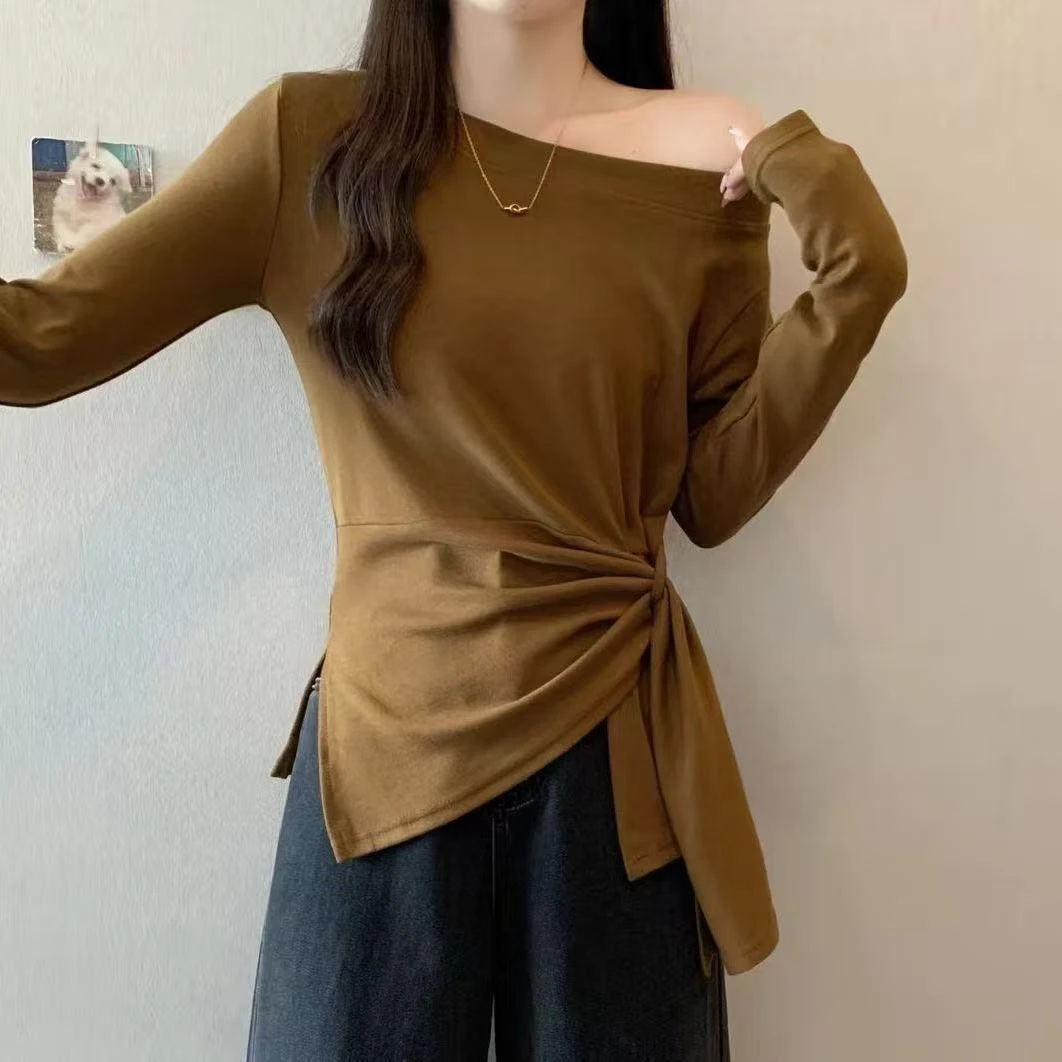 【3高品质+运险 】早秋新款韩系下摆开叉收腰设计感显瘦百搭斜肩T恤