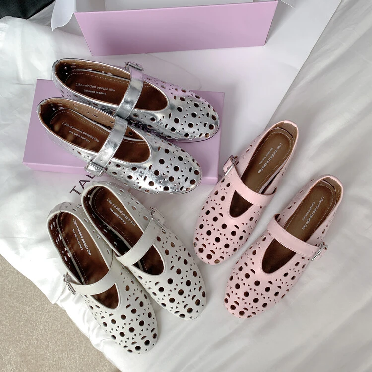 值得爱代大吉王玉雯同款米白色一字带镂空圆头内增高小众玛丽珍鞋