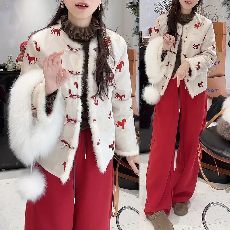 霖优【马上有钱】新中式马年战袍套装女夹绵棉服外套休闲裤两件套冬