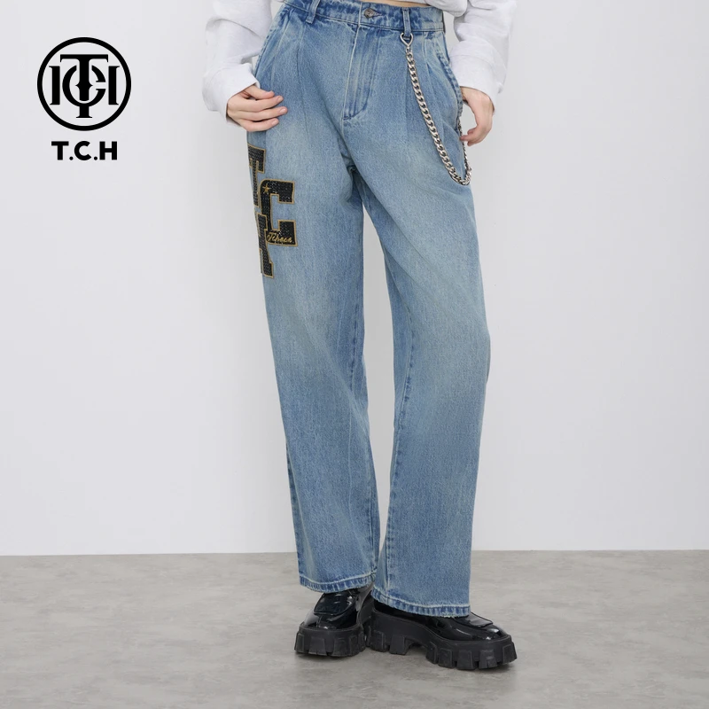 TCH轻奢烫钻工艺小熊链条休闲直筒裤子牛仔裤女T66B208121私服tch