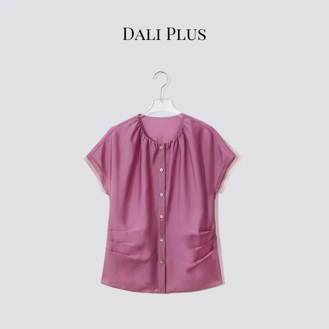 DALI PLUS高克重天丝梅子色小花休闲纽扣衬衫-D5ST1247