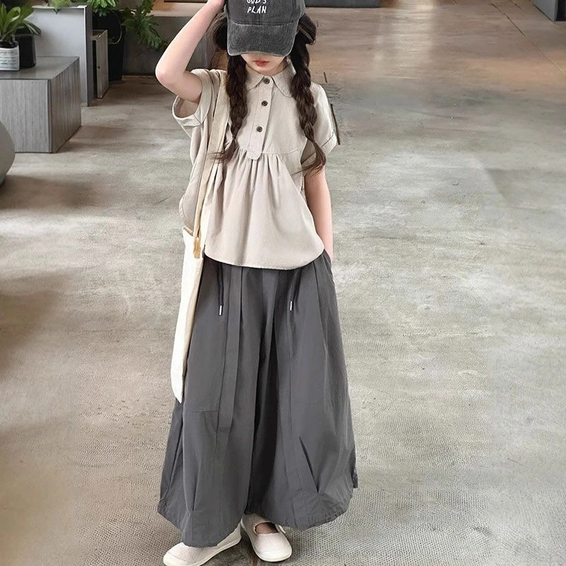 女童休闲套装2025新款夏季洋气时髦中大童POLO领衬衫阔腿裤两件套