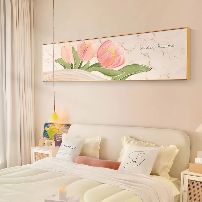 现代简约奶油风卧室床头挂画横版手工砂岩肌理客厅装饰画郁金香