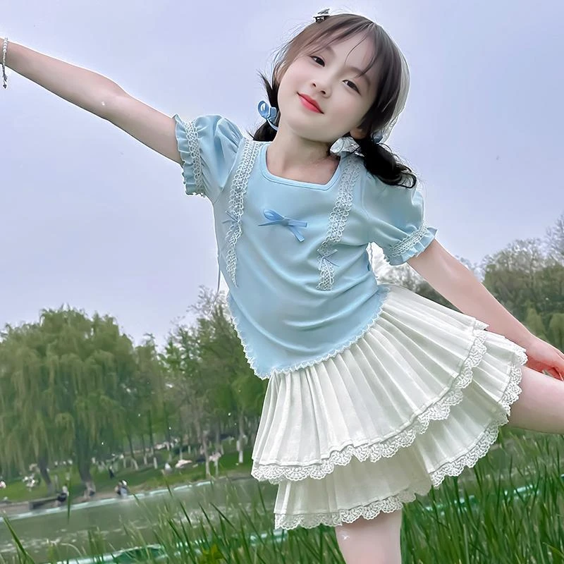 女童夏季套装2025新款儿童不规则T恤短袖女孩花边百褶儿童运动装