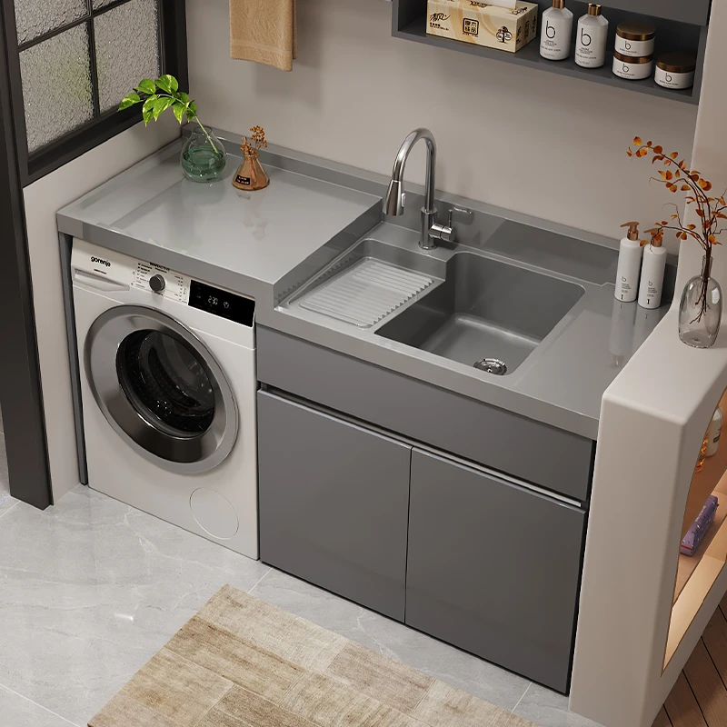 不锈钢蜂窝铝洗衣机柜组合一体高低台盆洗衣池槽带搓板洗衣柜定制