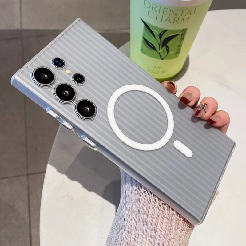 适用三星s25冰雾瓦楞纹磁吸充电s25ultra轻奢防指纹s24防摔手机壳