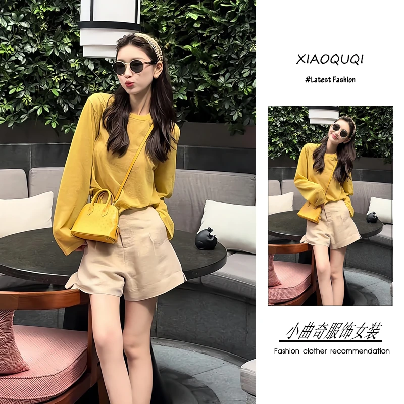 2025年夏季老钱风高级感潮流百搭精品女装显瘦薄款长袖短裤两件套