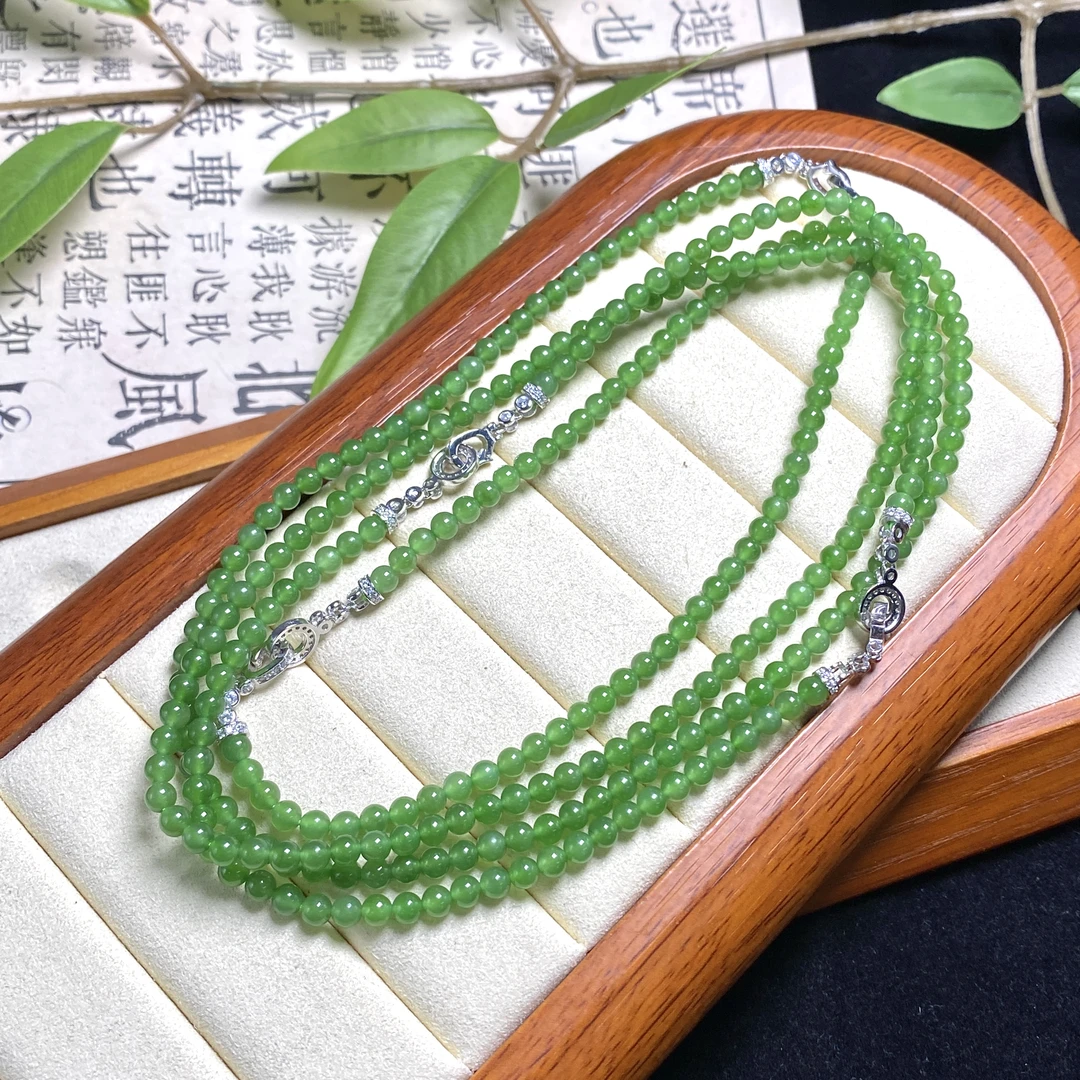 S925银和田碧玉小米珠项链-约4mm-ZPBY015A1-5-HYT-多样性发一