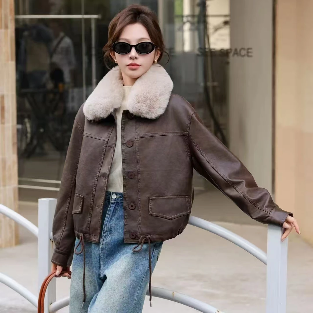 皮毛一体外套女短款2025冬季新款时尚机车服大毛领皮衣夹克PU袄子