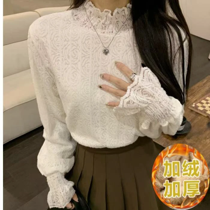 全身加绒大码女装花边领打底衫女秋冬洋气内搭显瘦温柔长袖蕾丝衫
