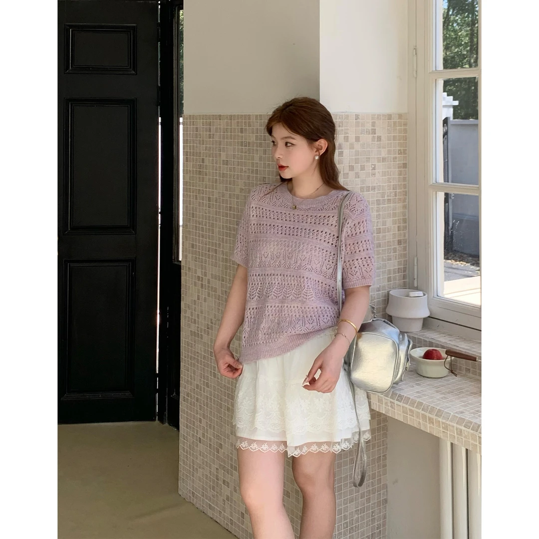 裂渡宣宣【甜味含量】微胖大码女春夏百搭双纱镂空毛织短袖ZY504A80