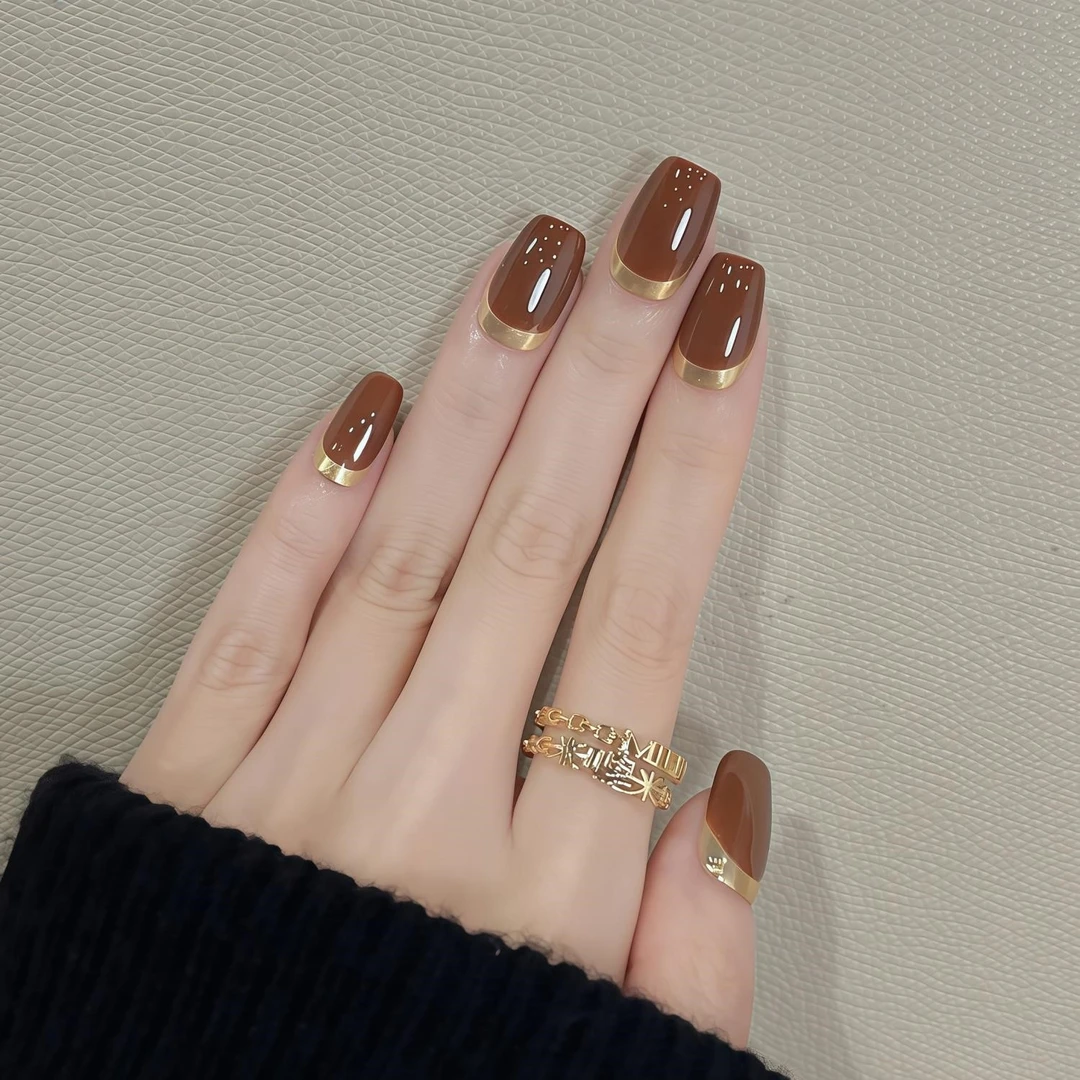 纯手工金边焦糖反法式美拉德风格秋冬简约中长款甜美百搭穿戴甲