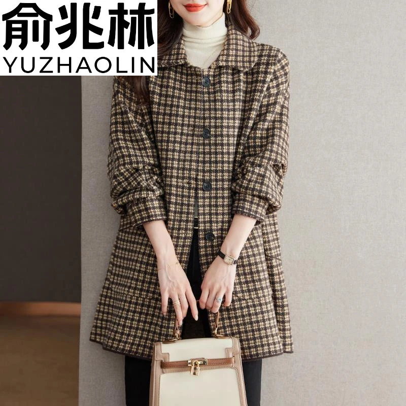 俞兆林春秋翻领千鸟格针织外套女中长款春装2024年新款休