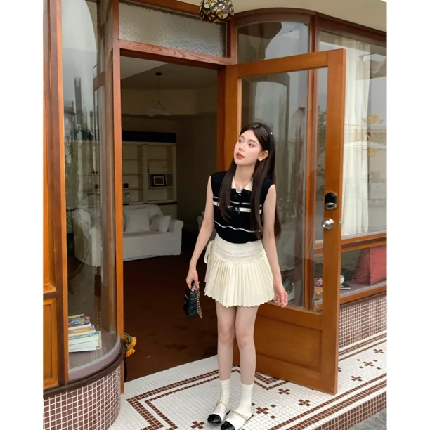 【香家乖乖女】6356 条纹撞色蕾丝边接polo领针织背心显瘦无袖上衣