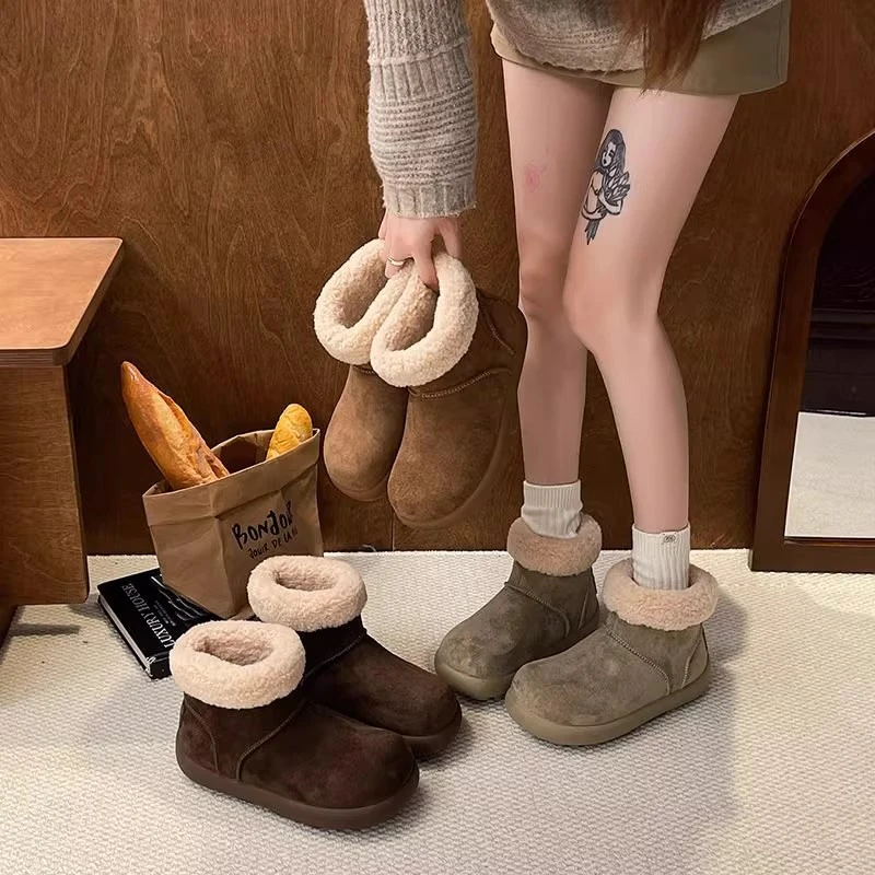 【ZZ】丑萌大头雪地靴女2025冬新款小土豆毛毛短靴厚底加绒加厚棉鞋