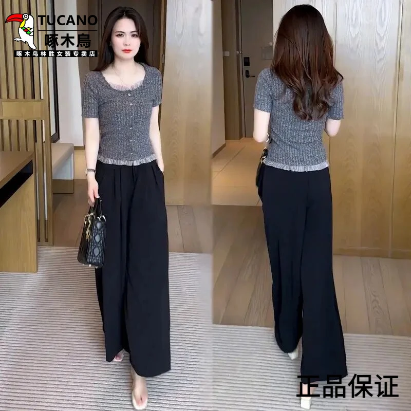 啄木鸟夏季显瘦短袖T恤小众设计感开衫洋气时尚小个子花边气质短